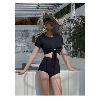 [ÁO TẮM 2 MẢNH] Bikini 2 mảnh áo tay ngắn cột nơ bụng mix quần nhún 2 bên hông kín đáo, chất liệu co dãn thoải mái
