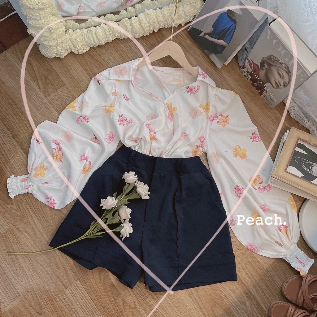 SET ÁO HOA TAY BỒNG BO CHUN CỔ V + QUẦN SHORT XANH NAVY