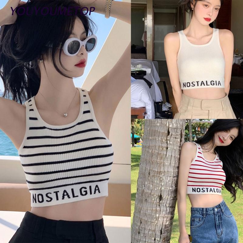 Áo Croptop Dệt Kim Sát Nách In Chữ Thời Trang Mùa Hè Cho Nữ