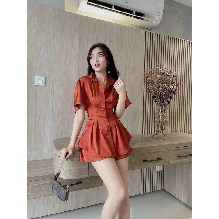 Sét bộ đồ nữ áo sơ mi tay ngắn kiểu dơi kèm quần đùi chất lụa nhung mềm mịn