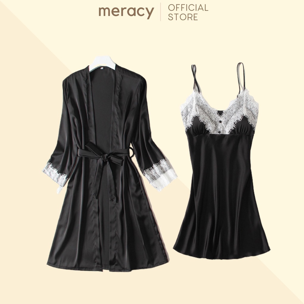 Váy ngủ kèm áo choàng lụa MERACY chất liệu cao cấp có mút ngực phối ren sexy cho nữ M23-CV