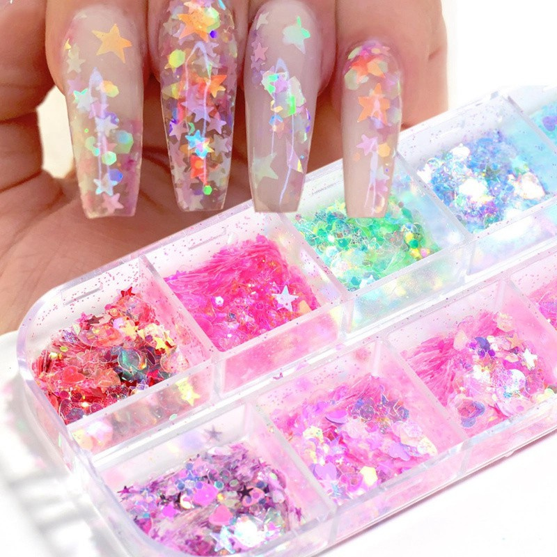 12 Colors Snowflake and Maple Leaf Shape Nail Glitter Decoration Chunky Glitter Manicure Nail Designs Accessories