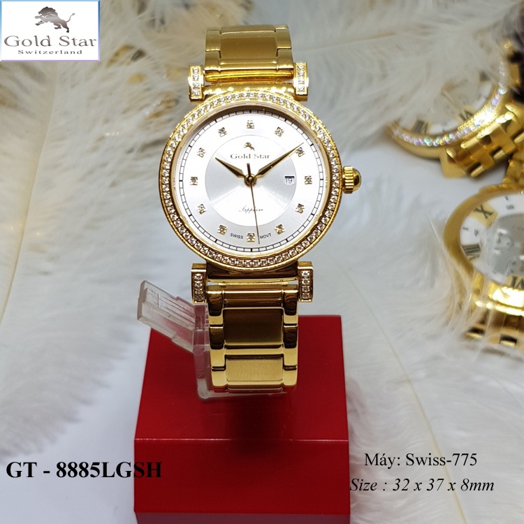 *Gold Star* Đồng Hồ goldstar Chính Hãng Nữ GT – 8885L, Thép 316L, Kính Saphia, Gắn Kim Cương, Mạ Vàng 24k, Nước 50mét.