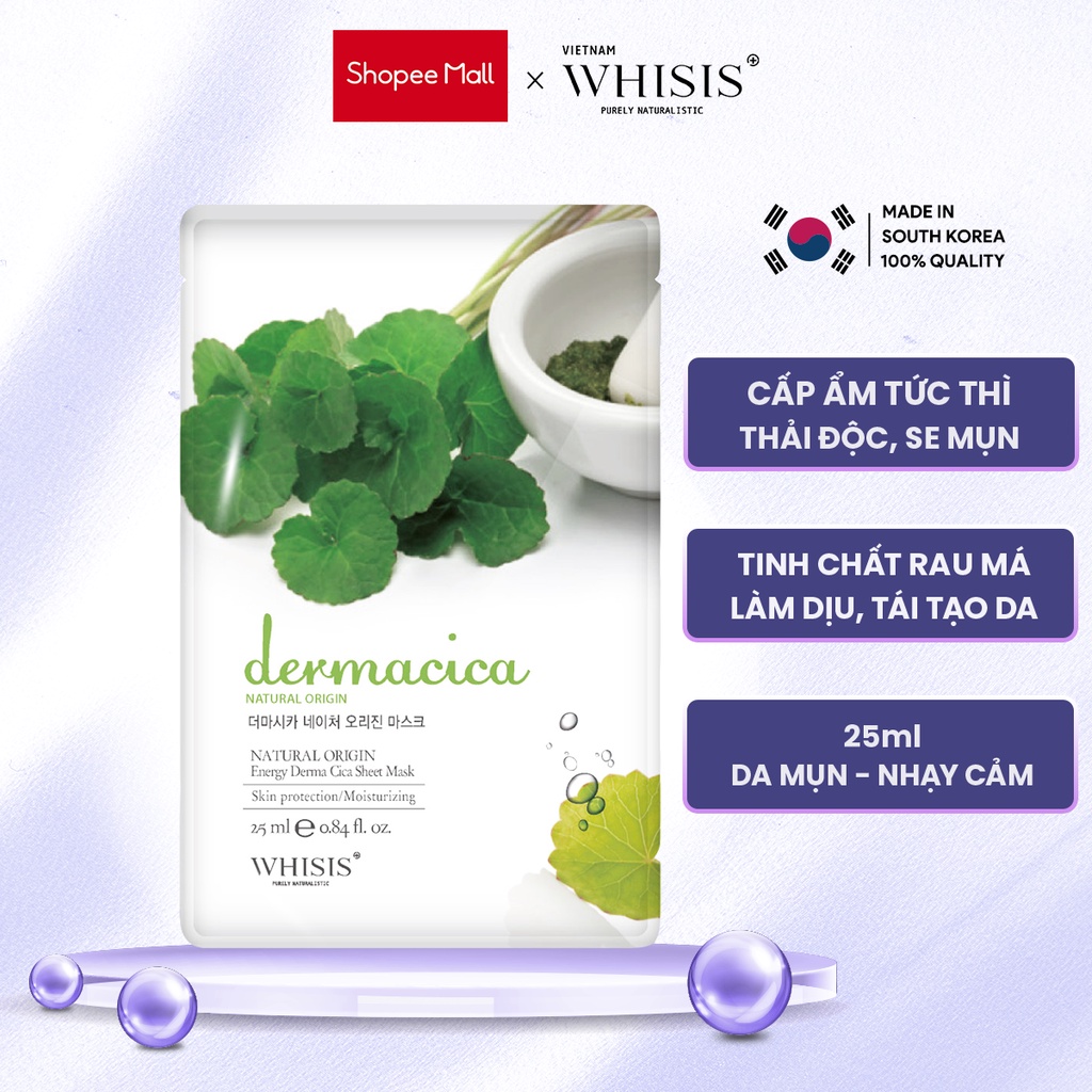 Mặt Nạ Dưỡng Da Rau Má Whisis Nature Origin Energy Derma Cica Sheet Mask Dưỡng Da Trắng Sáng, Tái Tạo Da 25ml