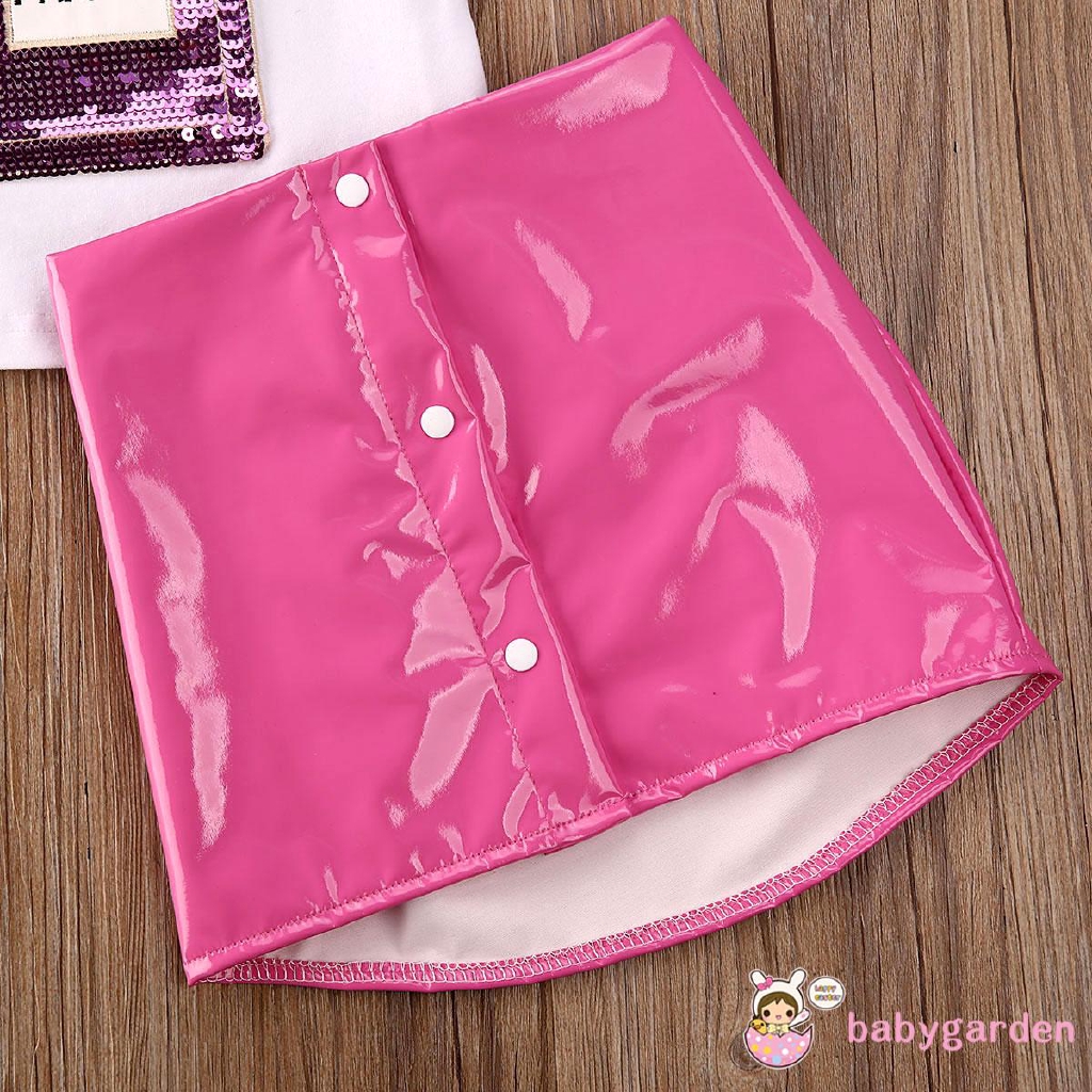 ღ♛ღBaby Girl Short Sleeve Tops + Elastic Waist Leather Skirt