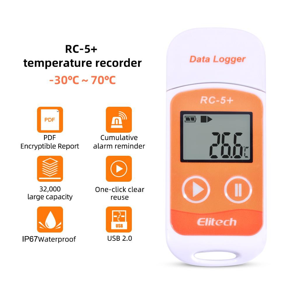 Máy Ghi Dữ Liệu Nhiệt Độ Elitech RC-5 +, Máy Cập Nhật Nhiệt Độ Độ Chính Xác Cao Màn Hình Kỹ Thuật Số Gắn USB Cho Tủ Lạnh