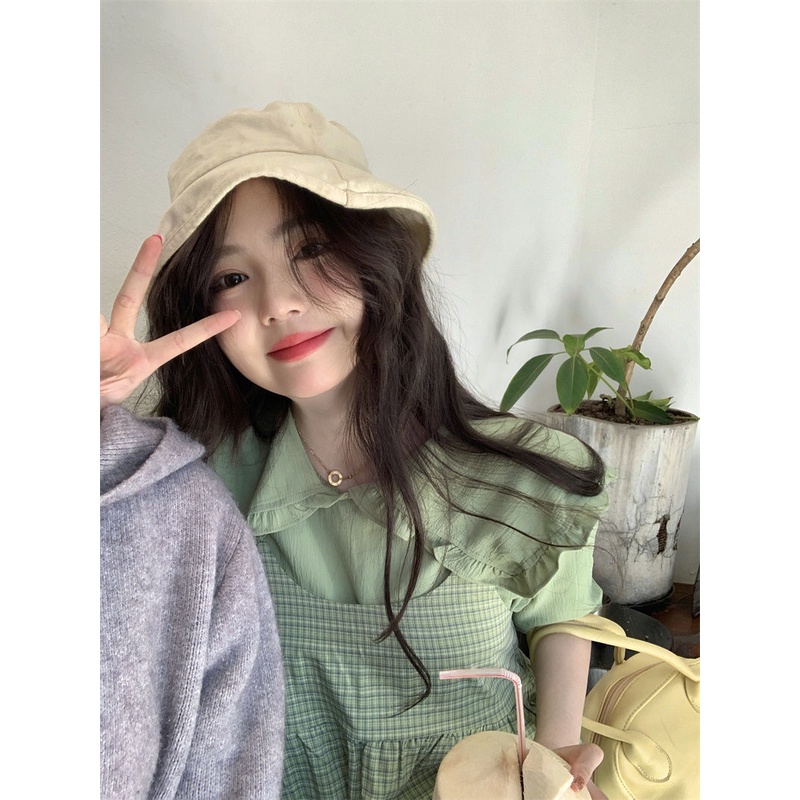 Set Áo Sơ Mi Và Đầm Hai Dây Kẻ Sọc Caro Màu Xanh Lá Mùa Hè Cho Nữ