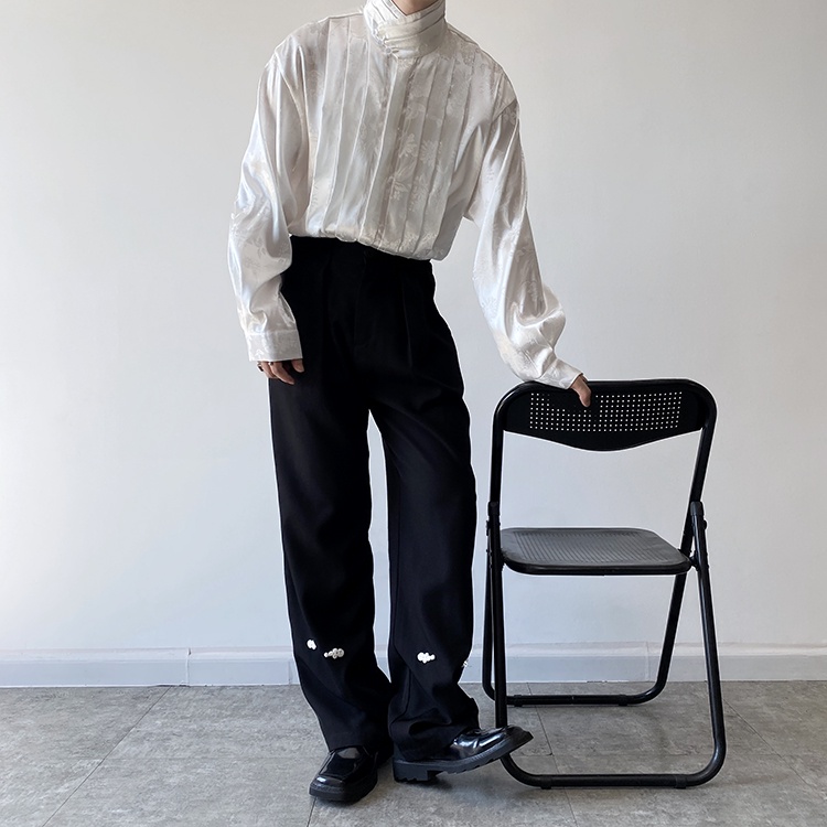 Áo Sơ Mi Vải Jacquard Satin Cao Cấp Tay Dài Cổ Cao Xếp Ly Cài Nút Ngọc Trai Tùy Chỉnh Thiết Kế Thời Trang Mùa Thu Cho Nam