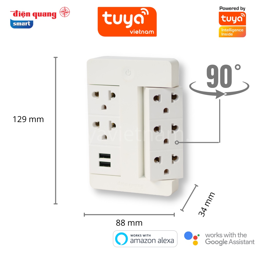 Ổ Cắm Xoay 90 Độ Thông Minh Điện Quang Wifi 3 Chấu, Cổng Sạc USB Điều Khiển Qua App+Giọng Nói Apollo ĐQ SPS1.1 05