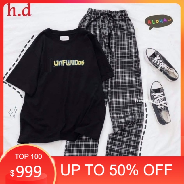 Sét áo chữ UN + quần kẻ đen HĐ12 , Áo thun nam nữ, quần kaki, quần nữ, sét bộ mặc ở nhà MODY