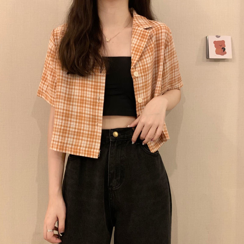 Áo Sơ Mi Ngắn Tay Kẻ Sọc Ca Rô Phong Cách Hồng Kông Thời Trang Mùa Hè Mới Cho Nữ 2022