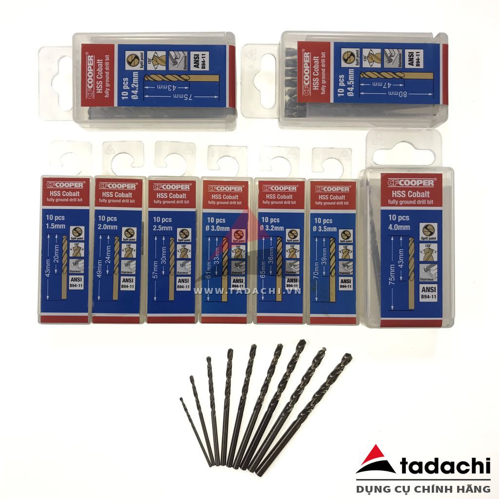 Mũi khoan thép, Inox HSS-Cobalt 5% 1.5-4.5mm CFCooper (01 mũi) | tadachi
