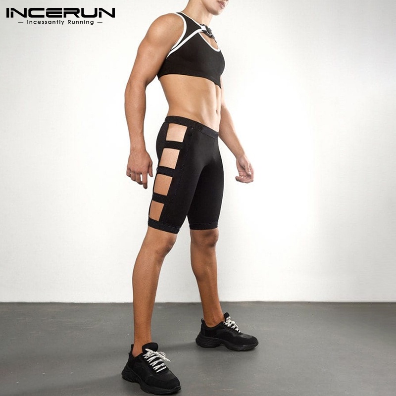 Quần short INCERUN ôm dáng lưng co giãn vải mỏng họa tiết khoét lỗ gợi cảm cho nam chơi thể thao/tập gym