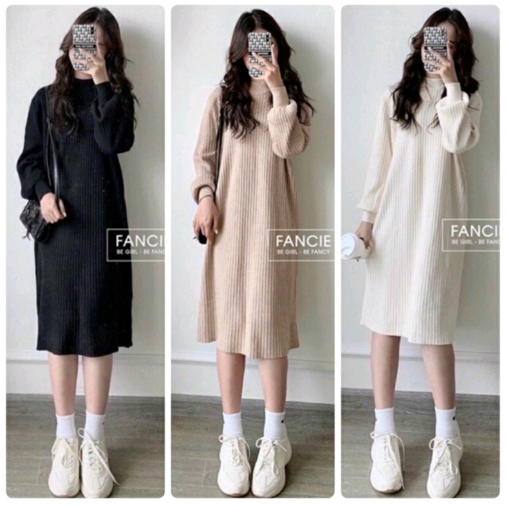 VÁY LEN NỮ DÁNG SUÔNG DÀI TAY, VÁY DÁNG SUÔNG TAY BỒNG CHẤT TIXI ĐẸP