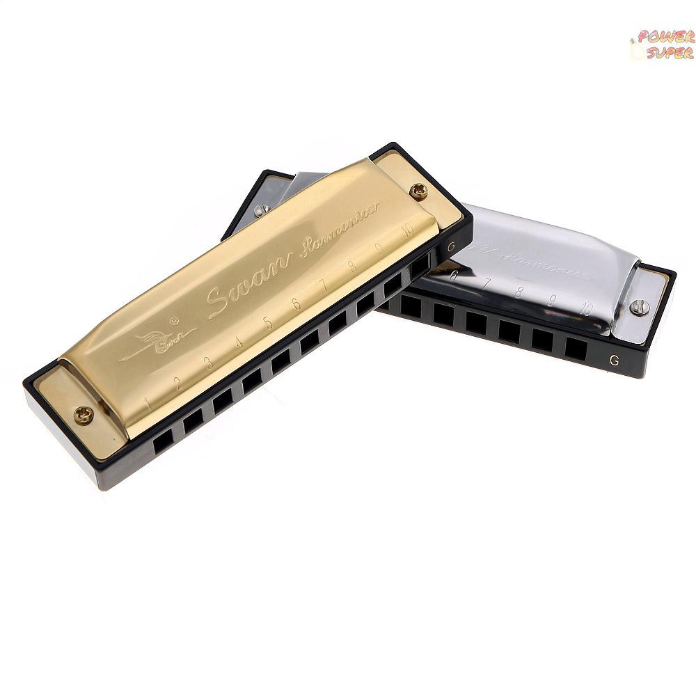 PSUPER Swan Diatonic Harmonica 10 Holes Blues Harp Mouth Organ Key of G Reed Instrument with Case Silver