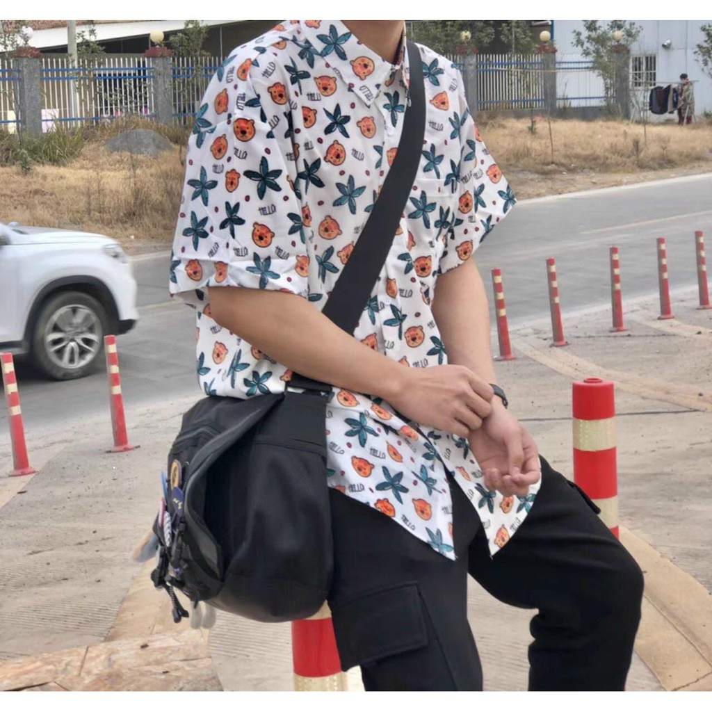 Áo sơ mi lụa ngắn tay nam nữ form rộng hoạ tiết hoạt hình thấm hút mồ hôi vải dày dặn mềm mịn mặc nhóm áo lớp áo cặp