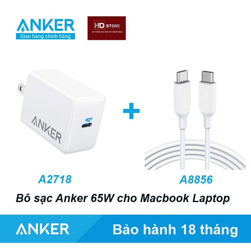 Bộ sạc ANKER 65W cho Laptop Macbook Siêu nhanh Samsung - Sạc A2718 + Cáp A8856 dài 1.8 Mét