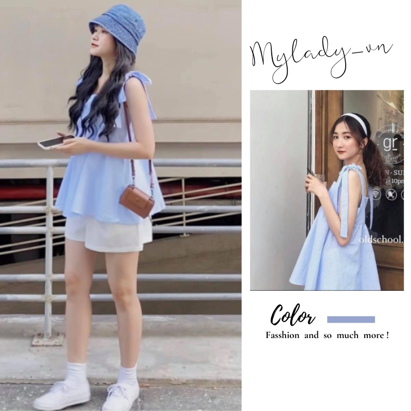 Set áo quần hai dây buộc nơ babydoll Hàn Quốc 🌸 Babydoll kẻ caro dáng xòe bánh bèo tiểu thư, thun mặc đi biển Ulzzang