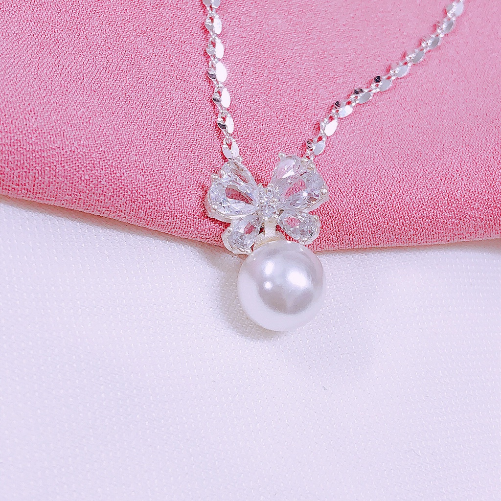 Dây chuyền mặt nơ gắn hạt xinh xắn LINH MIU SILVER