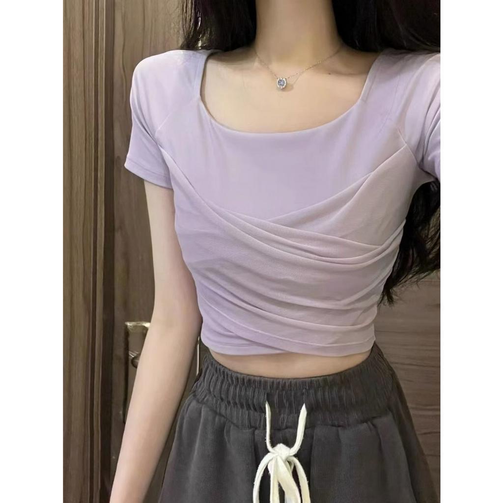 QOEDDV Áo Croptop Cổ Vuông Tay Ngắn Dáng Ôm Màu Tím Thời Trang Mùa Hè Dành Cho Bạn Nữ