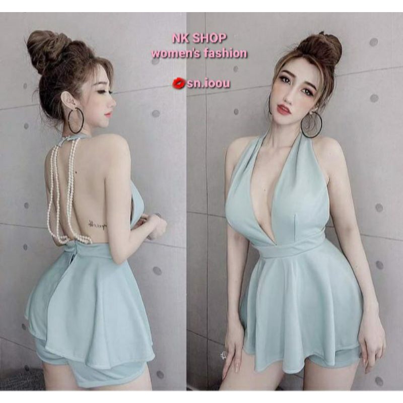 Set áo yếm xòe hở lưng đính dây ngọc + quần short