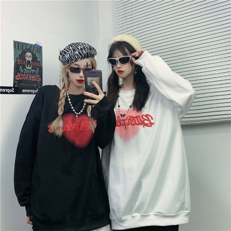 ZHELIHANGFEI Áo Sweater Dáng Rộng Hoạ Tiết Trái Tim Hợp Thời Trang