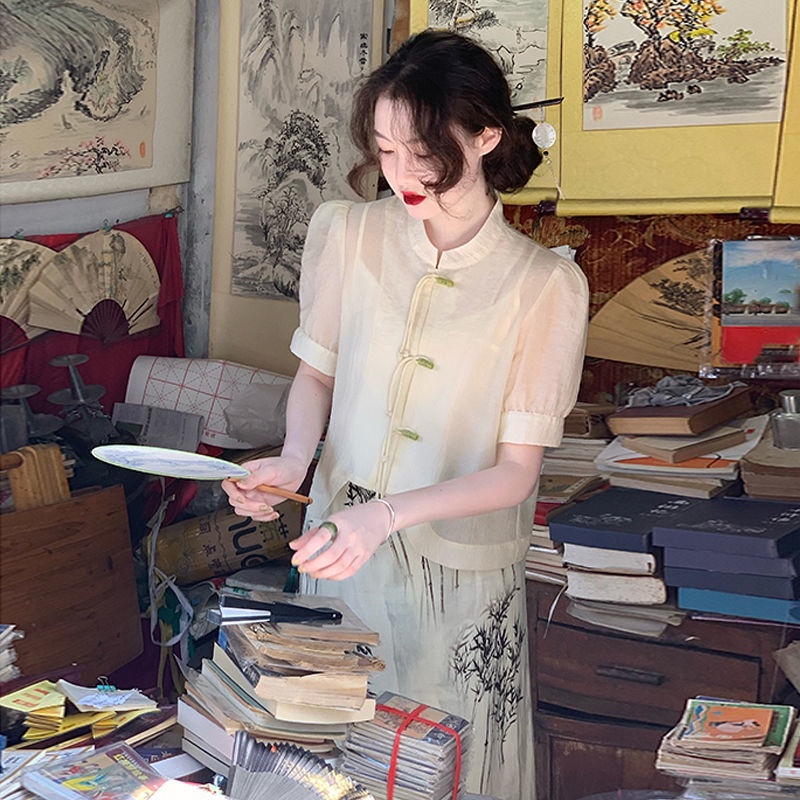 Set Áo Sơ Mi Ngắn Tay Thiết Kế Độc Đáo Phong Cách Trung Hoa Thời Trang Mùa Hè Mới