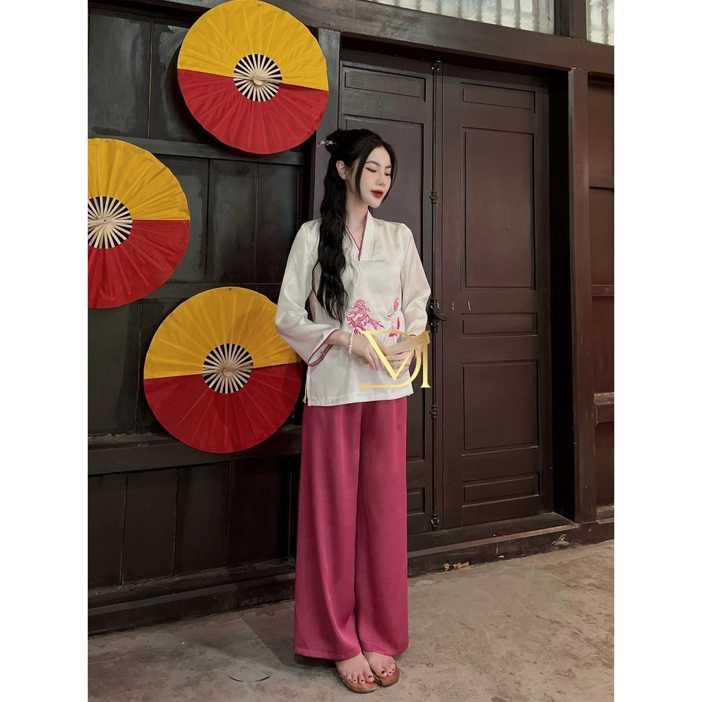 Bộ Đồ Lam Đi Chùa Lụa Thêu Hạc Vat Dưới, Bộ Phật Tử Pháp Phục Đi Chùa Tay Lửng Chất Lụa Gấm Cao Cấp Màu Nâu PT045