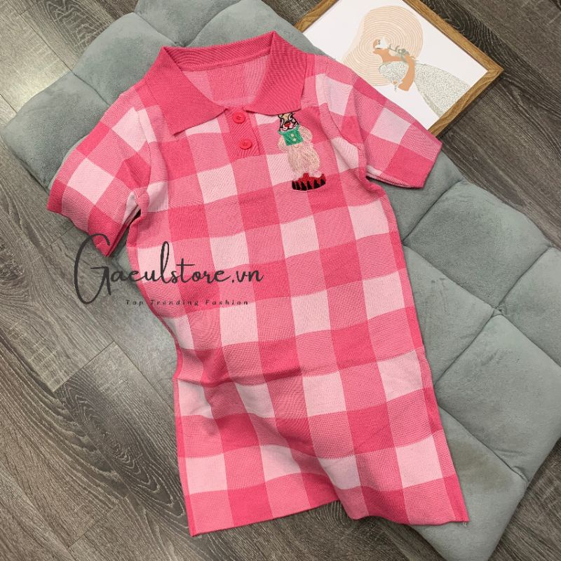 Gaeul store- váy len caro thỏ hồng polo Quảng Châu