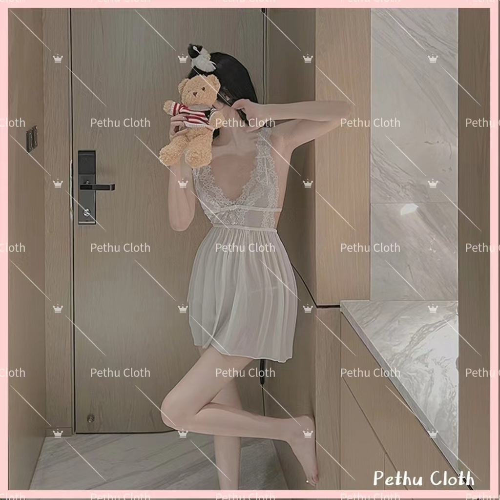 （Q1,HCM) Sexy Đầm/váy ngủFreeship2 dây ren nữ xuyên thấu, gợi cảm nơ ngực quyến rũ kèm quần chip lọt khe 40-65kg--001