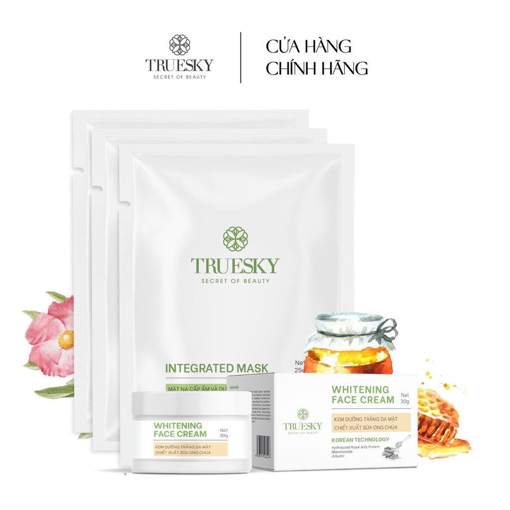 Bộ sản phẩm trắng da mặt Truesky P01 gồm 1 kem trắng da mặt 15g và 3 miếng mặt nạ trắng da tế bào gốc