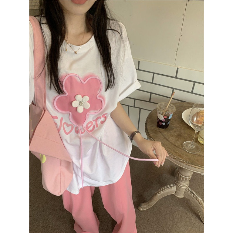Áo Thun Ngắn Tay In Họa Tiết Hoa Ba Chiều Phong Cách Hàn Quốc Mới Cho Nữ