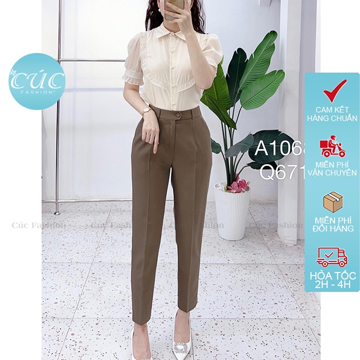 Quần baggy nữ CÚC FASHION begy lưng cạp cao vải tây from âu dáng dài đẹp bigsize công sở đen đi học cúc bọc cơ bản Q671
