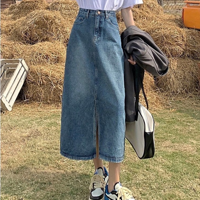 Chân váy SUXI jean dáng chữ A lưng cao màu sắc đơn giản trẻ trung