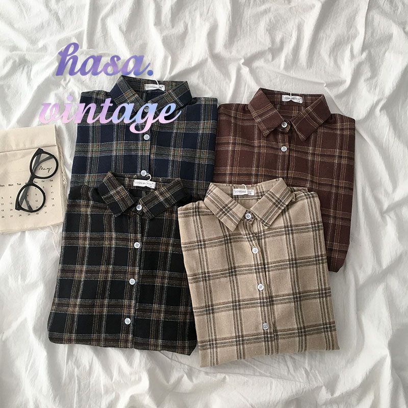 🌿 Áo sơ mi sọc caro tay dài tone nâu vintage ulzzang hot 🔥