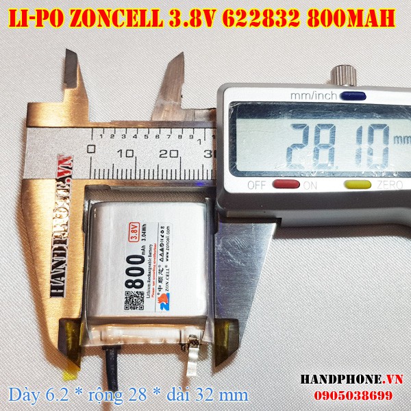 Pin Li-Po ZonCell 3.8V 800mAh 622832 cho Smartwatch, điện thoại, Loa Bluetooth, Camera hành trình, định vị GPS