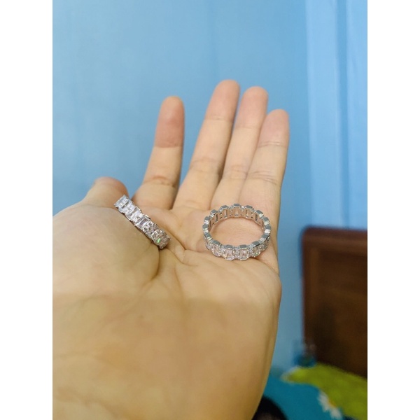 Nhẫn full đá xung quanh chữ nhật bạc thật phủ vàng trắng