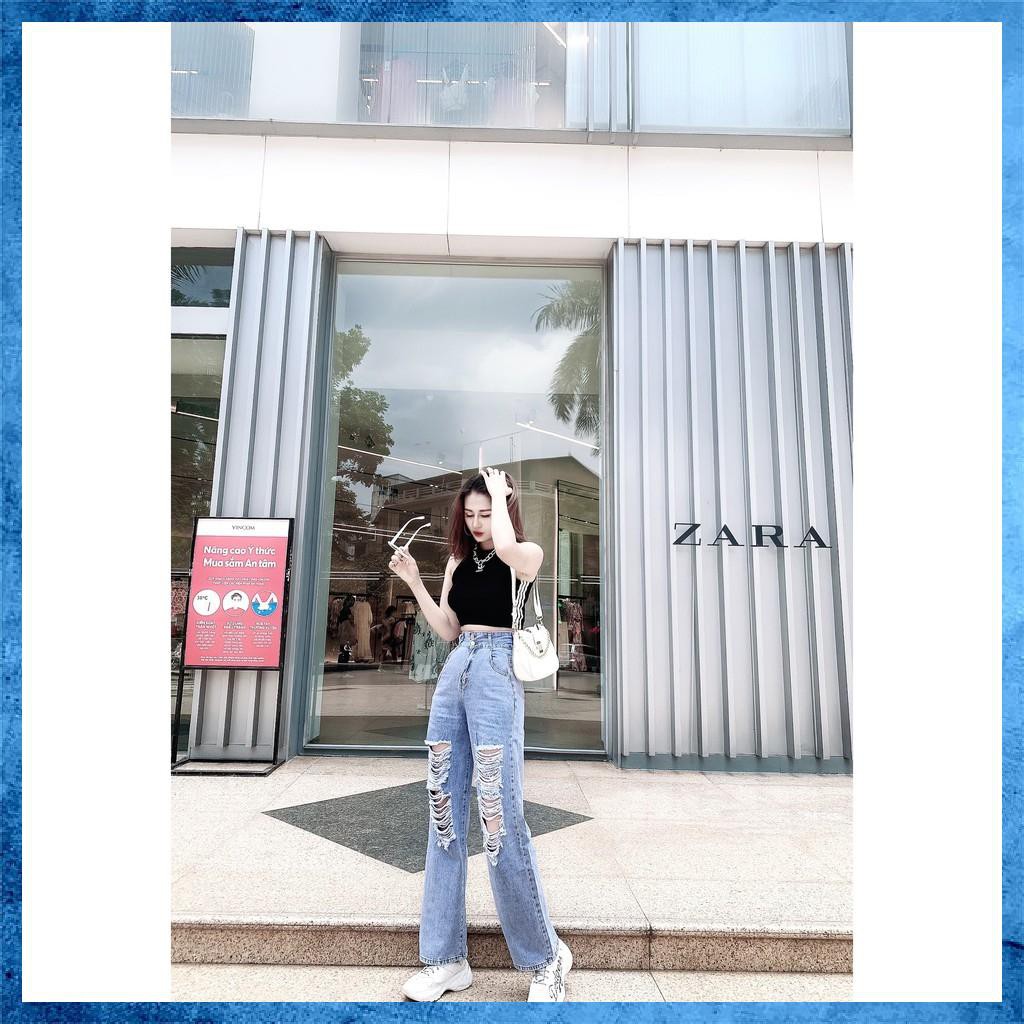 Quần jeans nữ, Quần bò dài rách dáng suông lưng cao túi chéo hot hit D3160