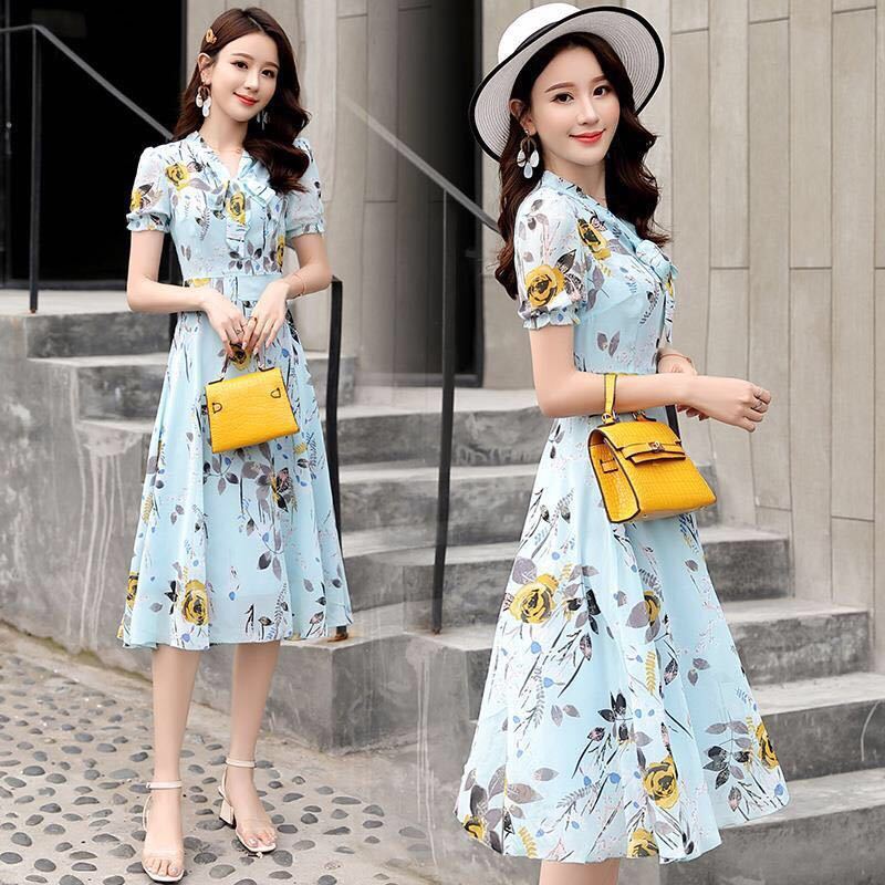 French Print Chiffon Dress bow tie tie skirt fashion short sleeve slim women's skirt