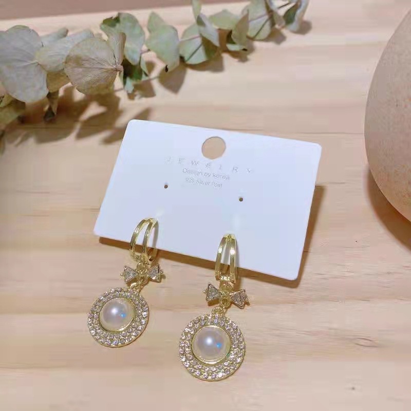 Khuyên Tai Bạc S925 Hình Nơ Đính Đá Và Ngọc Trai Sang Trọng Cổ Điển