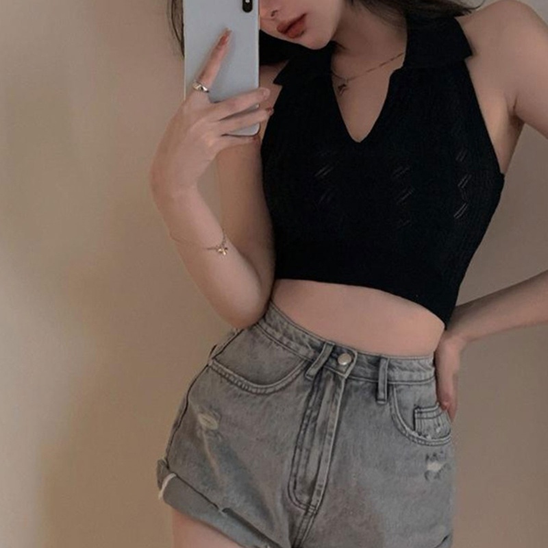 Áo Croptop Dệt Kim Không Tay Cổ Chữ V Họa Tiết Kẻ Sọc Gợi Cảm Cho Nữ