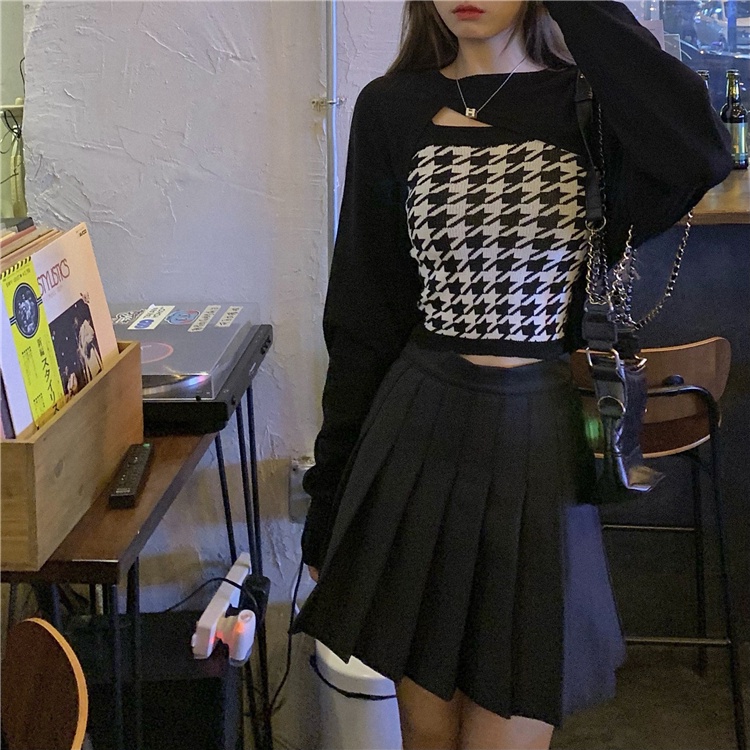 Áo dệt kim nữ hai dây họa tiết caro đơn giản thời trang | BigBuy360 - bigbuy360.vn