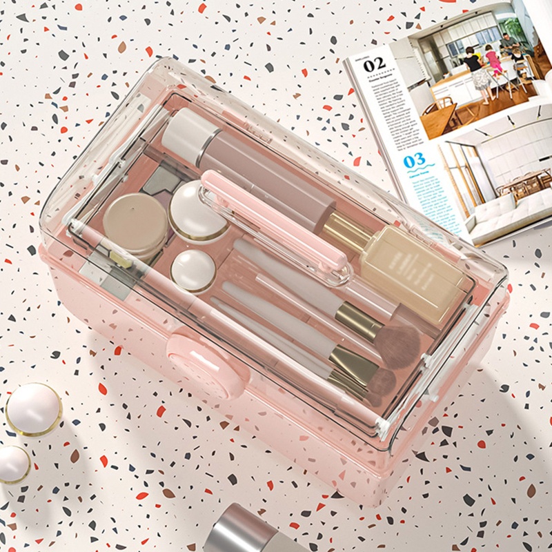 Hộp Đựng Mỹ Phẩm Ba Tầng Bằng Nhựa Trong Suốt Có Tay Cầm Và Khóa