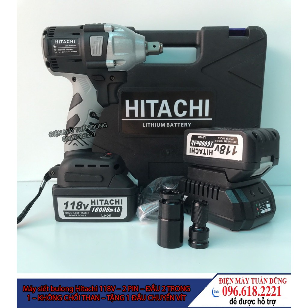 Máy xiết bulong Hitachi 118v - 2 PIN - Đầu 2 trong 1 - KHÔNG CHỔI THAN - TẶNG 1 ĐẦU CHUYỂN VÍT