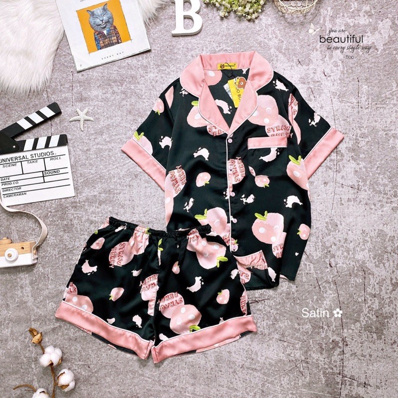 🌸Freeship🌸 Đồ Bộ Pijama Lụa Satin Hoạ Tiết Dễ thương Mặc Nhà Thoải Mái Mát Mẻ