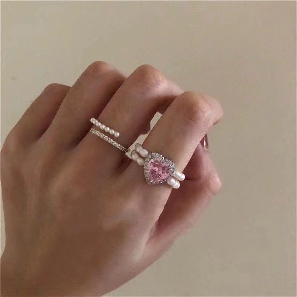 Nhẫn Trang Sức Đính Ngọc Trai Nhân Tạo Hình Trái Tim Đôi Phong Cách Hàn Quốc Màu Sắc Dành Cho Nữ