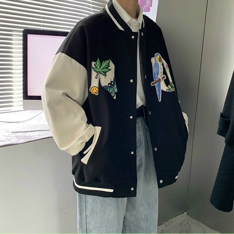 Áo Khoác Bomber Kaki Hình Thêu Unisex Nam Nữ Form Rộng Chất Dày Dặn