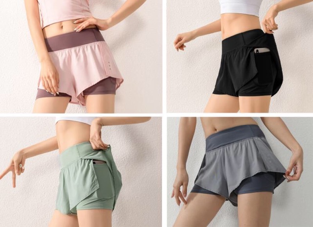 QUẦN SHORT 2 LỚP CÓ TÚI CAO CẤP - QUẦN SHORT TẬP GYM NỮ CHẤM TRÒN - HÀNG NHẬP