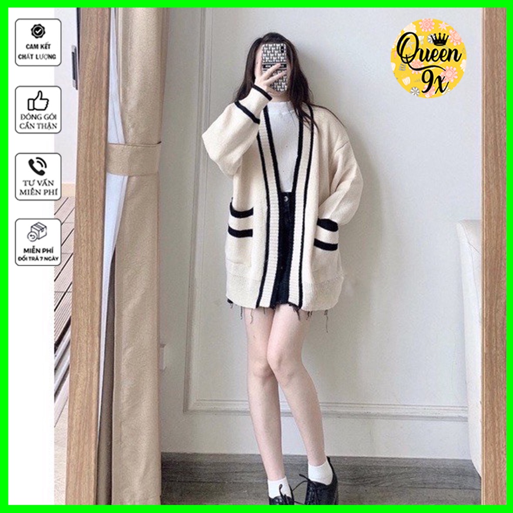 ÁO CARDIGAN, ÁO KHOÁC Nữ Form Rộng Viền Túi Đen Trắng Phong Cách Basic