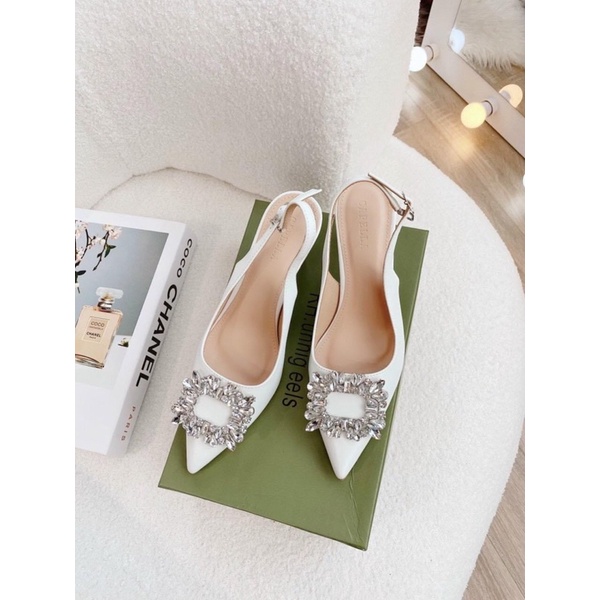Giày Cao gót SLINGBACK nữ nhọn 5p bít mũi đá tiểu thư sang chảnh 2 màu Trắng - Đen